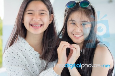 Two Asia Thai Teen Best Friends Girls Smile And Funny Stock Photo