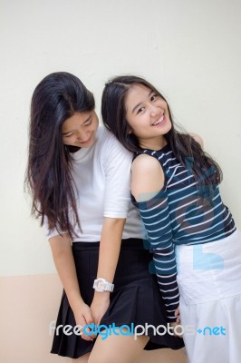 Two Asia Thai Teen Best Friends Girls Smile And Funny Stock Photo