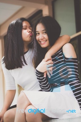 Two Asia Thai Teen Best Friends Girls Smile And Funny Stock Photo