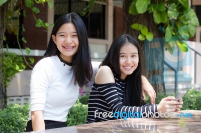 Two Asia Thai Teen Best Friends Girls Smile And Funny Stock Photo