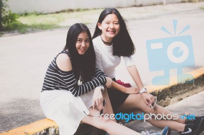 Two Asia Thai Teen Best Friends Girls Smile And Funny Stock Photo