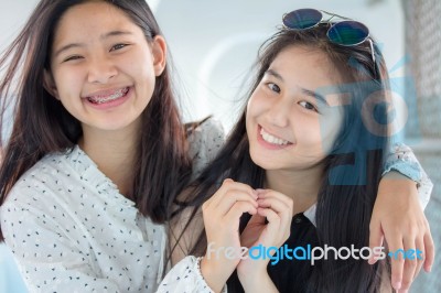 Two Asia Thai Teen Best Friends Girls Smile And Funny Stock Photo