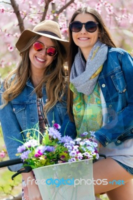 Two Beautiful Young Women With A Vintage Bike In The Field Stock Photo