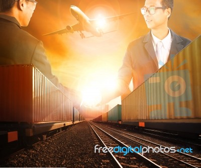 Two Business Man Successful Shaking Hand With Railway Logistic And Air Freight Cargo Transportation Theme Stock Photo