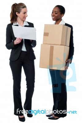 Two Female Workers Discussing Stock Details Stock Photo