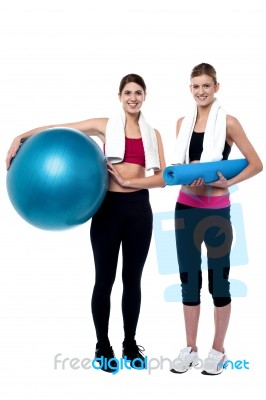 Two Fitness Girls Posing After Workout Stock Photo