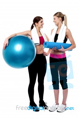 Two Girls Communicating After Workout Stock Photo