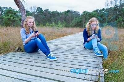 Two Girls Operating Mobile Phones In Nature Stock Photo