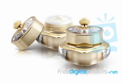 Two Golden Crown Cosmetic Jar On White Background Stock Photo