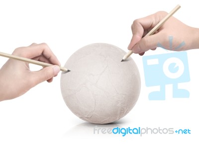 Two Hand Drawing Map On Paper Ball Stock Photo