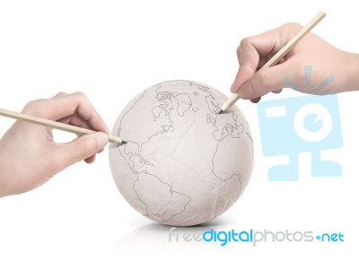 Two Hand Stroke Drawing America Map On Paper Ball Stock Photo