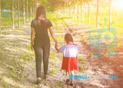 Two Hands Holding Puzzle Mother And Child,the Woman And Child Holding Hands At Sunset Stock Photo