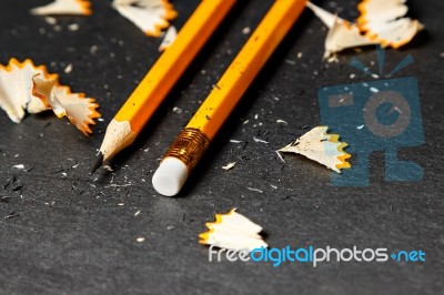 Two Pencils With Shavings Stock Photo