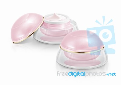 Two Pink Dome Cosmetic Jar On White Background Stock Photo