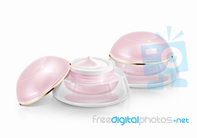 Two Pink Dome Cosmetic Jar On White Background Stock Photo