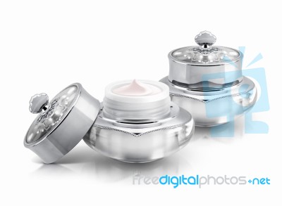 Two Silver Deluxe Cosmetic Jar On White Background Stock Photo