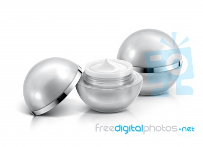 Two Silver Sphere Cosmetic Jar On White Background Stock Photo