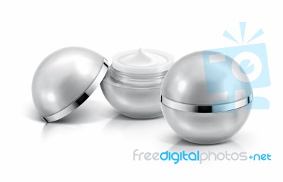 Two Silver Sphere Cosmetic Jar On White Background Stock Photo