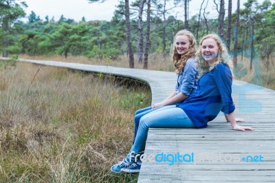 Two Sisters Sitting On Wooden Path In Forest Stock Photo