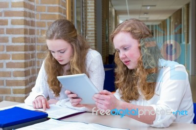 Two Teenage Girls Studying In Corridor Of School Stock Photo