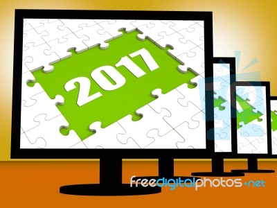 Two Thousand And Seventeen On Monitors Shows Year 2017 Resolutio… Stock Image