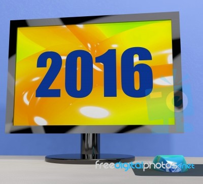 Two Thousand And Sixteen On Monitor Shows Year 2016 Stock Image