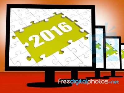 Two Thousand And Sixteen On Monitors Shows Year 2016 Resolution Stock Image