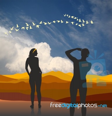 Two Women Adore Flying Geese Stock Image