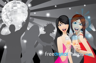 Two Women Smiling With Beverage Glasses In A Night Club Stock Image