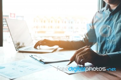 Typing Laptop Business Man Working With Blank Screen Planning St… Stock Photo