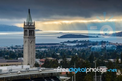 Uc Berkeley Sather Tower With Sunrays Stock Photo