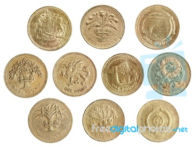 Uk One Pound Coins On White Stock Photo