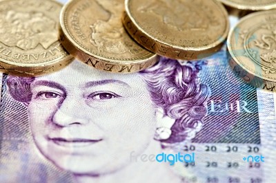 Uk Sterling Money Notes And Coins Stock Photo