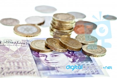 Uk Sterling Money Notes And Coins Stock Photo