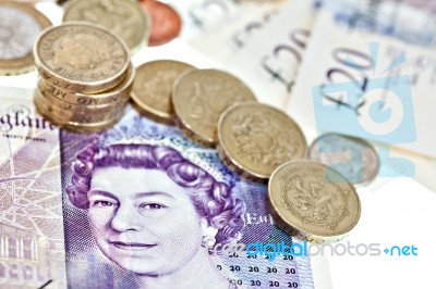 Uk Sterling Money Notes And Coins Stock Photo