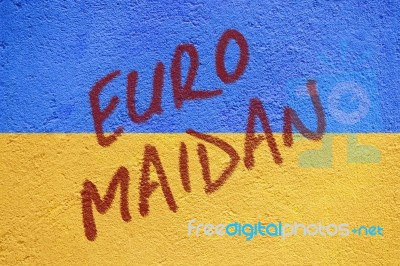 Ukraine Flag Painted On Old Concrete Wall With Euro Maidan Inscr… Stock Photo