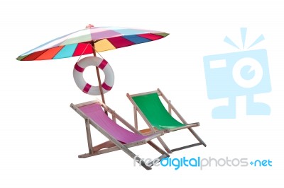 Umbrella And Couples Wood Chairs Beach Isolated White Stock Photo