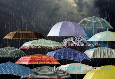 Umbrellas Under Raindrops Stock Photo