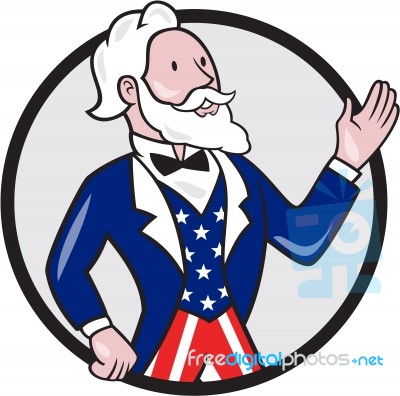 Uncle Sam American Waving Hand Circle Cartoon Stock Image