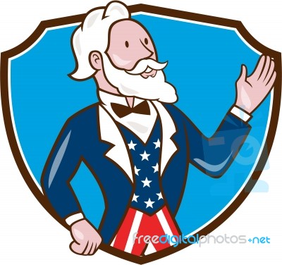 Uncle Sam Waving Hand Crest Cartoon Stock Image