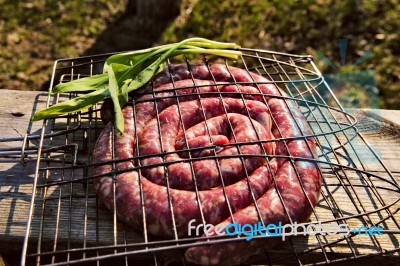 Uncooked Sausages For Barbecue. Travel Cooking Stock Photo