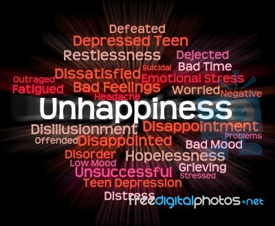 Unhappiness Word Represents Grief Stricken And Dejected Stock Image