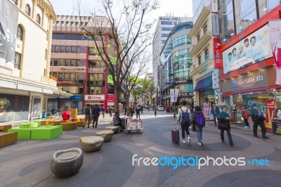 Unidentified Tourist Shopping In Myeongdong, South Korea Stock Photo