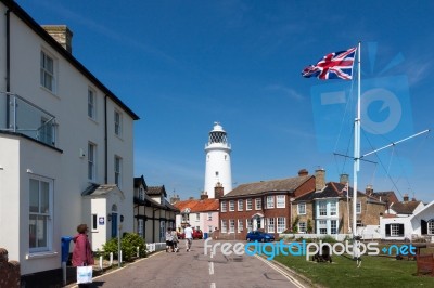 Union Jack Flag Flying Near The Lighthouse In Southwold Stock Photo