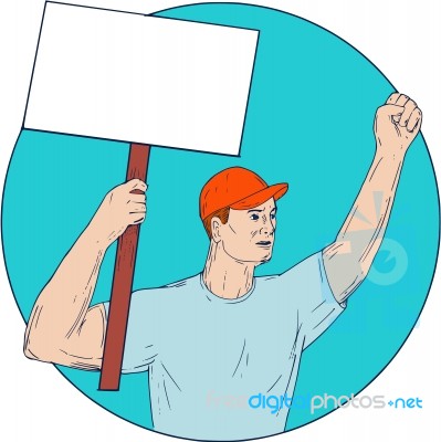 Union Worker Activist Placard Protesting Fist Up Circle Drawing Stock Image