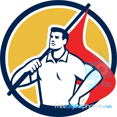 Union Worker Holding Flag Circle Retro Stock Image