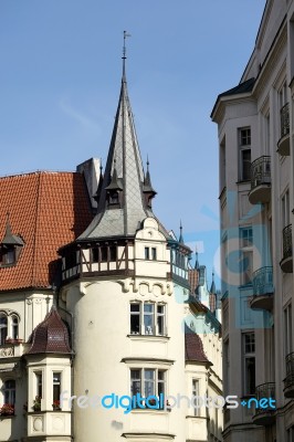 Unusual Gothic Stlye Apartment Block In Prague Stock Photo