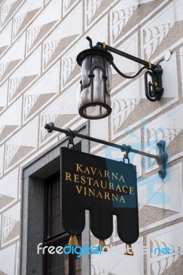 Unusual Wall Design On A Restaurant In Krumlov Stock Photo