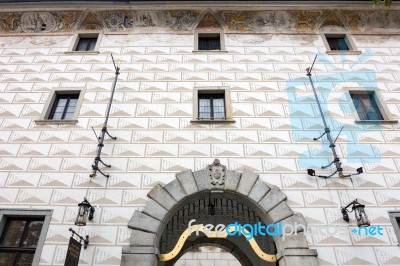 Unusual Wall Design On A Restaurant In Krumlov Stock Photo