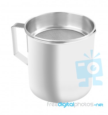 Upper Open Stainless Gutter Cup With Filter On White Background Stock Photo